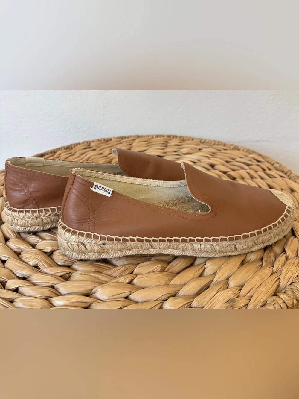 Soludos Leather Platform Smoking Slipper Espadrilles Tan Brown Size 7.5